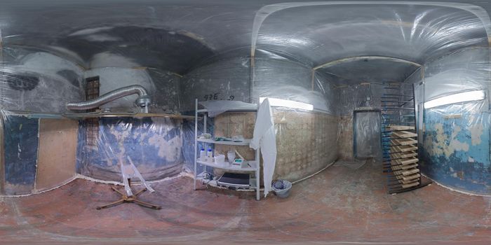 Underground paint shop clean room full 360 by 180 degree spherical panorama in equirectangular projection.