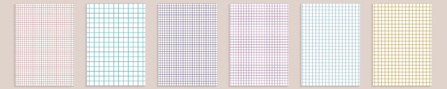 Grid paper set. Abstract squared background with color graph. Geometric pattern for school, wallpaper, textures, notebook. Lined blank A4 isolated on transparent background. Millimeter graph grid.