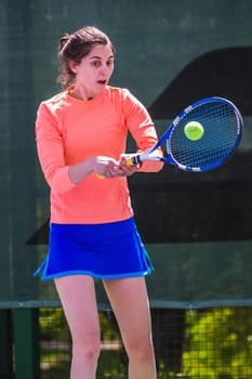 Young woman wearing blue skirt, pink top and tennis shoes during professional tennis match.