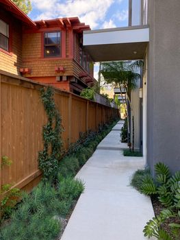 Modern apartment building front sid eand entrance in Hillcrest neighborhood in San Diego, California. USA. Tuesday 16th, 2021