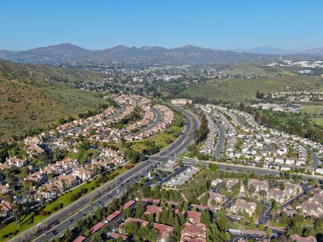 Aerial view of upper middle class neighborhood with big villas around in San Diego, California, USA.