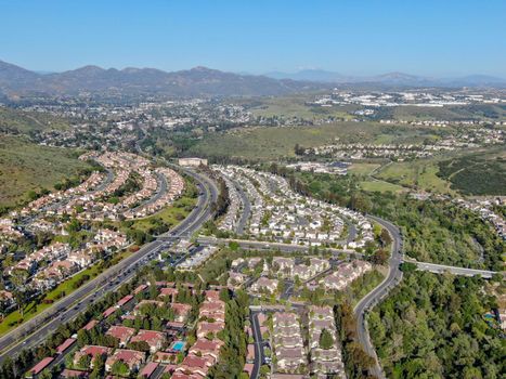 Aerial view of upper middle class neighborhood with big villas around in San Diego, California, USA.