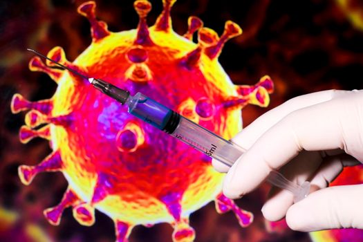 Medical professional hand with surgery glove holding syringe with Covid-19 virus vaccine and covid virus microscopic image in the background