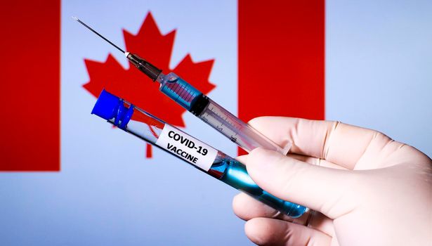 Hand in surgery glove holding syringe with covid vaccine. Canadian flag in the background