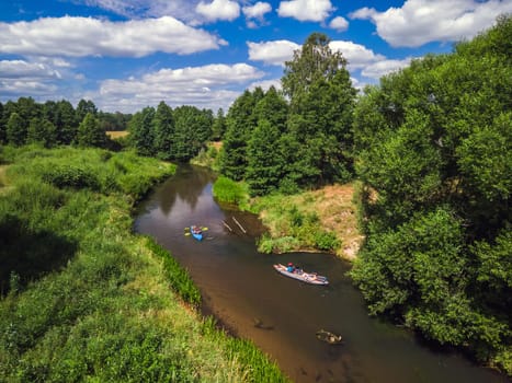 Aerial view of river Isloch famous place for kayaking in Belarus.