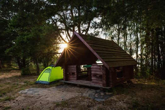 Tent next to the wooden cabin at the Braslaw lakes, Belarus.