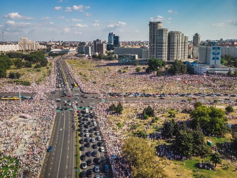 Aerial view of the biggest protests in Belarus history. Elections in Minsk, Belarus 2020.