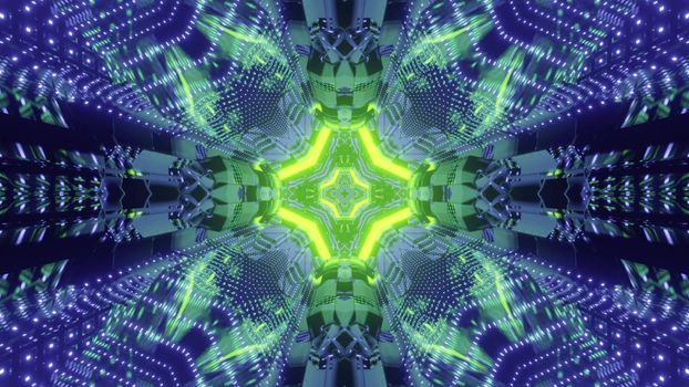 Abstract futuristic background 3d illustration of illuminated passage with geometric design and bright neon illumination reflected in metallic cells