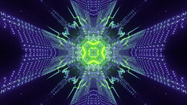 Colorful 3d illustration abstract futuristic background inside of fantastic energy tunnel with shiny green neon hole and blinking purple dots forming symmetric geometric pattern