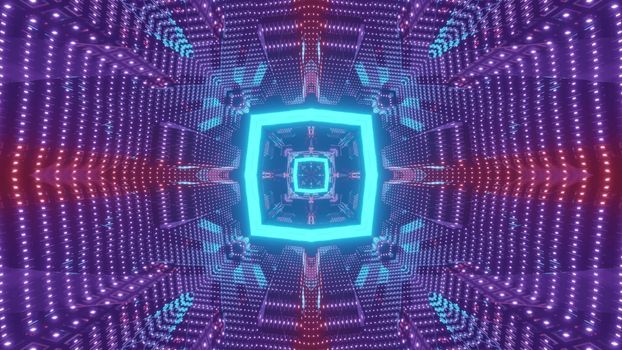 Abstract futuristic background 3d illustration of sci fi spaceship corridor with geometric design in blue and purple neon illumination
