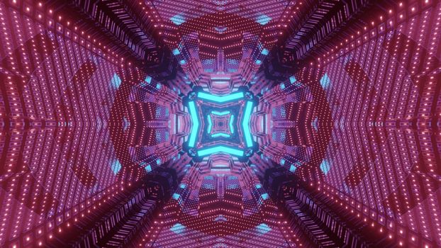 Vibrant 3d illustration abstract futuristic background of endless tunnel with geometric shapes and shiny blue and red neon lights