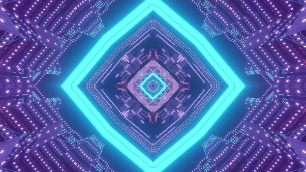Abstract futuristic background 3d illustration with glowing blue neon frame and symmetric purple lights creating optical illusion of sci fi tunnel perspective