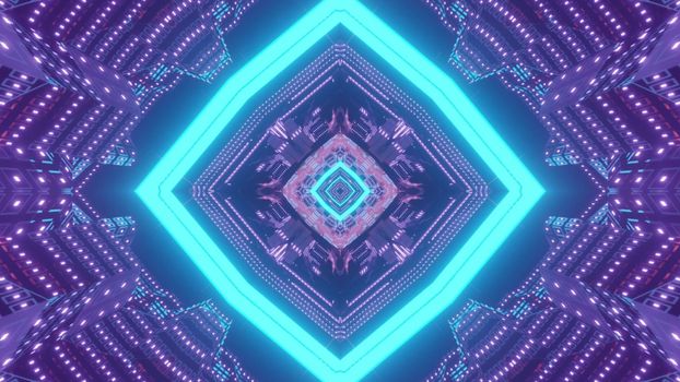 Abstract futuristic background 3d illustration with glowing blue neon frame and symmetric purple lights creating optical illusion of sci fi tunnel perspective