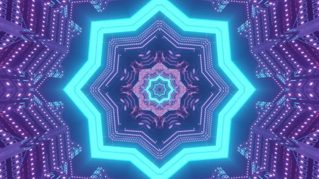 Vibrant 3d illustration abstract art visual background with geometric star and flower shaped pattern forming illusion of fantastic futuristic tunnel in neon colors