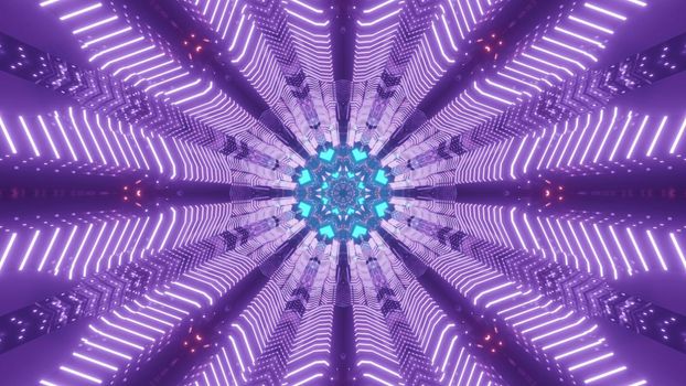 Bright colorful 3d illustration abstract art visual background with symmetrical neon lines forming circular frame of fantastic sci fi tunnel