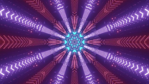 Shiny 3d illustration abstract visual background with symmetric colorful neon rays forming circular pattern for futuristic sci fi concept designs