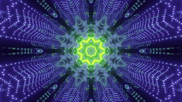 Abstract futuristic background 3d illustration of sci fi space tunnel with bright green neon star shaped center and blinking blue particles forming geometric lines