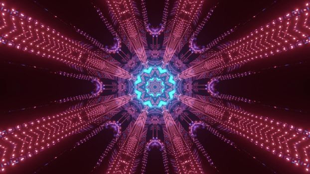 Symmetric red colored neon lights forming circular pattern with glowing blue center as abstract futuristic design of sci fi space tunnel in 3d illustration