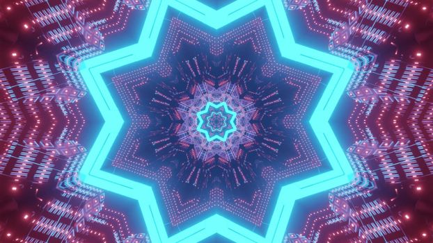 Abstract geometrical background 3d illustration of endless tunnel with star shaped holes illuminated by blue neon lights reflected in shiny surface