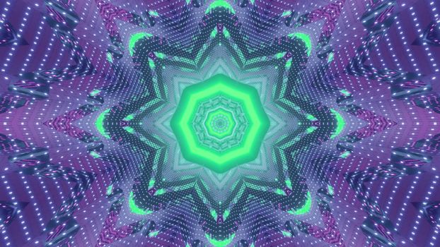 Abstract futuristic fractal geometrical background 3d illustration with octagonal center and flower shaped lines surrounded by symmetric gleaming sparkles in bright green and purple neon colors