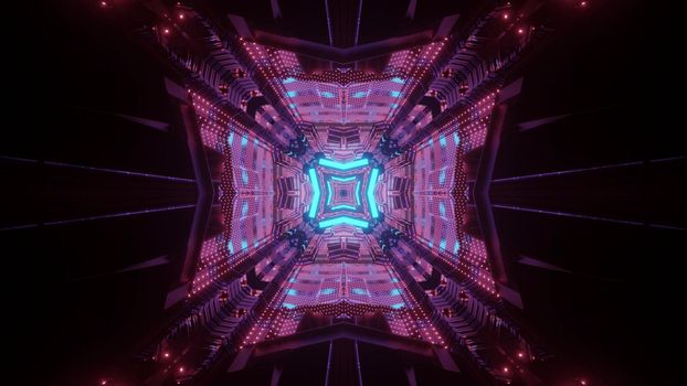 Futuristic architecture concept abstract visual background 3d illustration of dark underground passage perspective with glowing neon geometric lines and light reflections