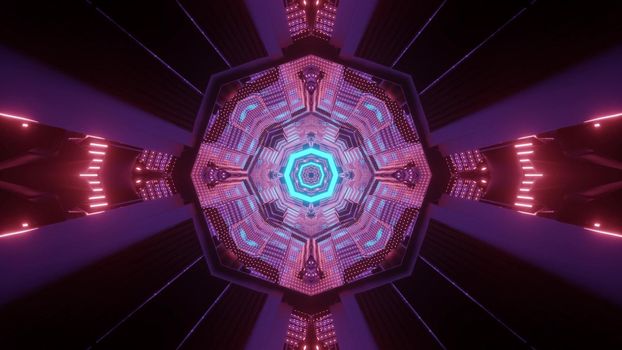 Abstract futuristic background sci fi architecture and technology concept 3d illustration of dark spaceship corridor with geometric design and glowing colorful neon illumination
