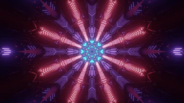 Abstract futuristic background 3d illustration of dark sci fi tunnel with round shaped hole and multicolored neon lights forming geometric circular ornament