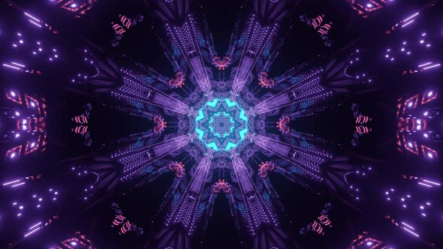 Bright 3d illustration abstract visual background with symmetric geometric circular ornament in darkness with neon light traces creating optical illusion of futuristic sci fi space tunnel