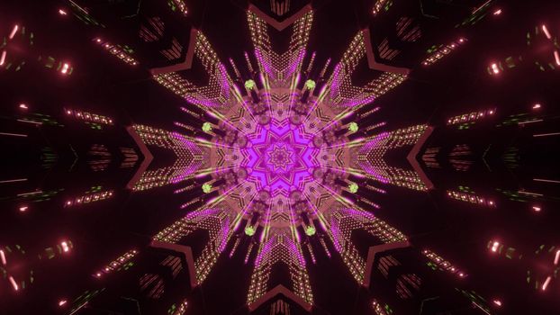 Colorful 3d illustration abstract art visual background of flower shaped symmetric neon illumination with bright sparkles in darkness