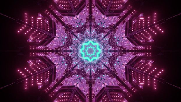 Vivid 3d illustration abstract futuristic background with bright blue and red neon lines and dots forming snowflake shaped pattern in darkness