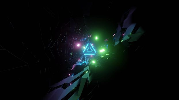3d illustration of abstract glowing lights of sci fi tunnel with blue neon triangle figure in dark
