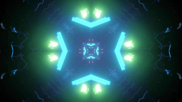 Kaleidoscopic 3d illustration of green and blue neon glowing pattern in dark sci fi tunnel