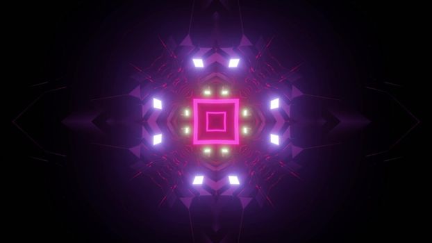 Vivid 3d illustration with neon pink square and symmetric purple lights around in darkness