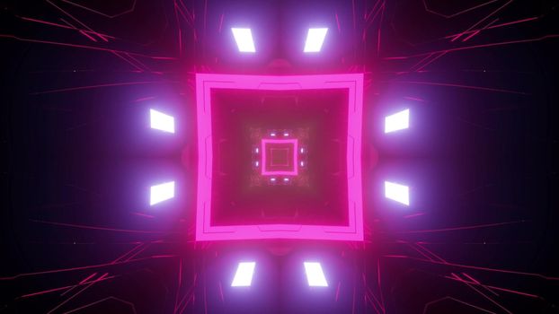 Colorful 3d illustration of pink neon square with symmetric lights as abstract futuristic tunnel