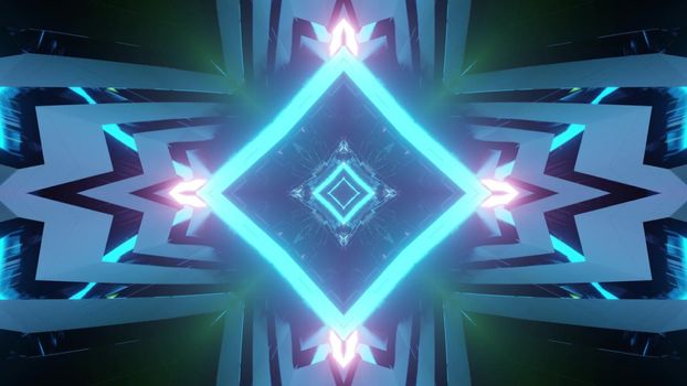 Blue neon glowing rhombus shaped tunnel as 3d illustration with bright symmetric pattern on background