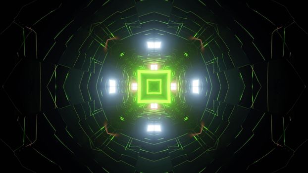Vibrant 3d illustration of futuristic tunnel with square shaped corridor in neon green light