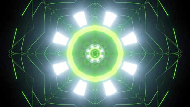 Bright shiny spotlights and thin green neon lines creating circular ornament of futuristic tunnel with geometric structure as abstract sci fi background in 3d illustration