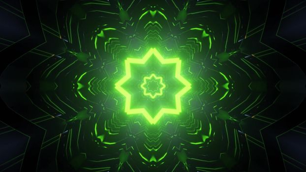 Abstract futuristic background 3d illustration of endless dark tunnel with glowing green neon star shaped holes and light reflections