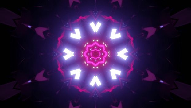 Vibrant contrast 3d illustration abstract visual background of dark fantastic round shaped tunnel illuminated with white and pink neon lights forming geometric ornament