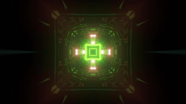Abstract symmetric tunnel 3d illustration with green neon square shaped pattern as background