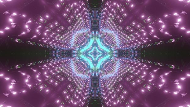 Bright neon lights of futuristic abstract 3d illustration with tunnel glowing in darkness