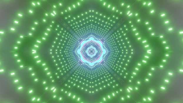 Neon green glowing lights of futuristic abstract corridor with blue element 3d illustration
