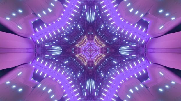 Futuristic 3d illustration of geometric abstract pattern shaped tunnel with bright neon pink and purple lights