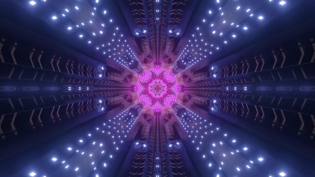 Cosmic corridor with neon rays of light and pink colored figure as futuristic 3d illustration