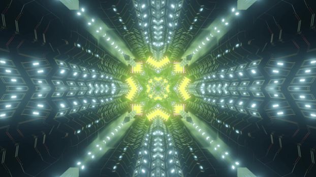 Abstract kaleidoscopic background of neon tunnel with yellow geometric element as 3d illustration