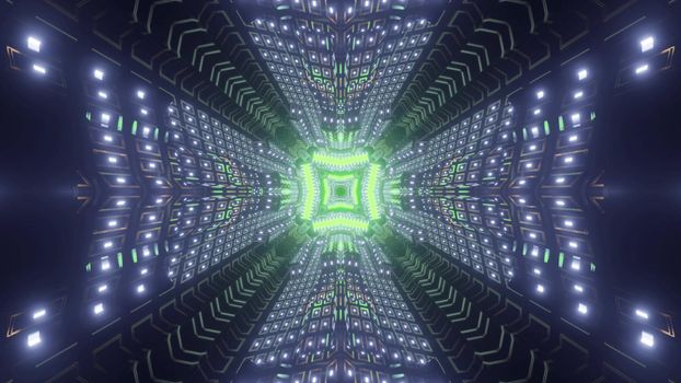 Futuristic cosmic tunnel with green neon geometric element and glowing walls in 3d illustration