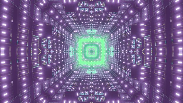 Futuristic abstract corridor with purple and green neon illumination and geometric patterns 3d illustration