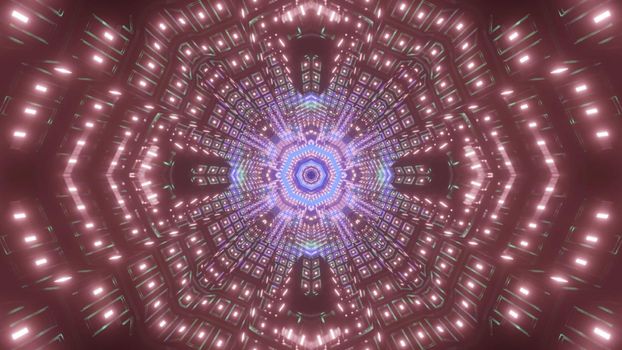 Glowing kaleidoscopic sci fi corridor with neon illumination as abstract background of 3d illustration