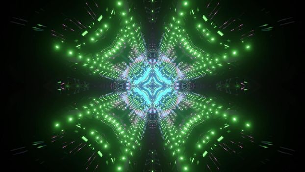 Neon futuristic tunnel with symmetric pattern in green and blue color as 3d illustration