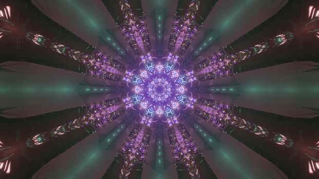 Kaleidoscopic tunnel with glowing neon purple pattern in rays as abstract 3d illustration